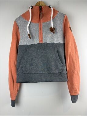 Wanakome Coral Peach and Gray Colorblock Half-Zip Hoodie Sweatshirt Size Medium